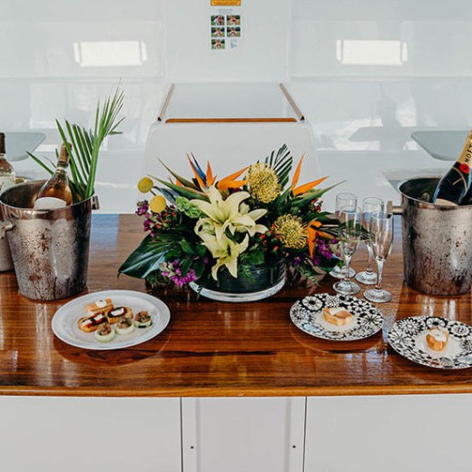 a kitchen with a plate of food on a table