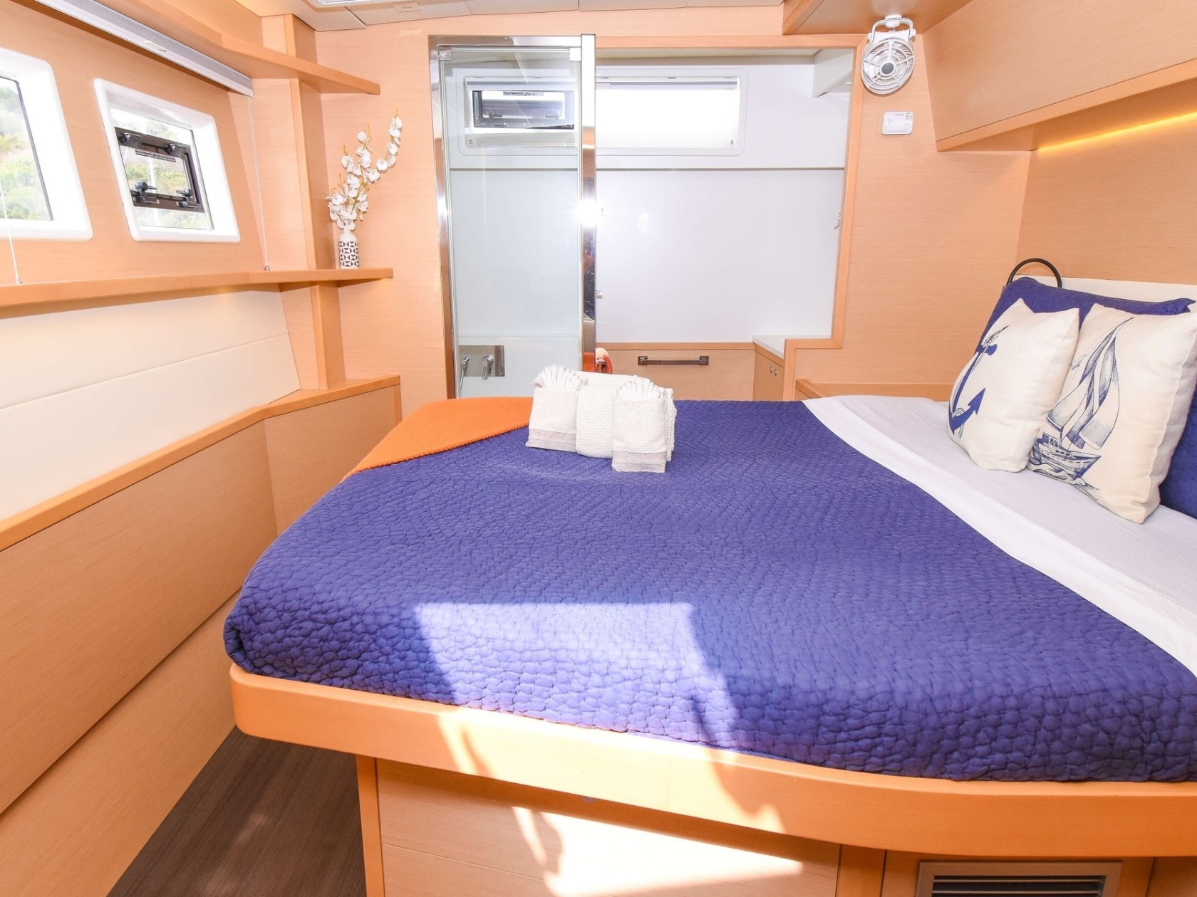 a bedroom with a blue background