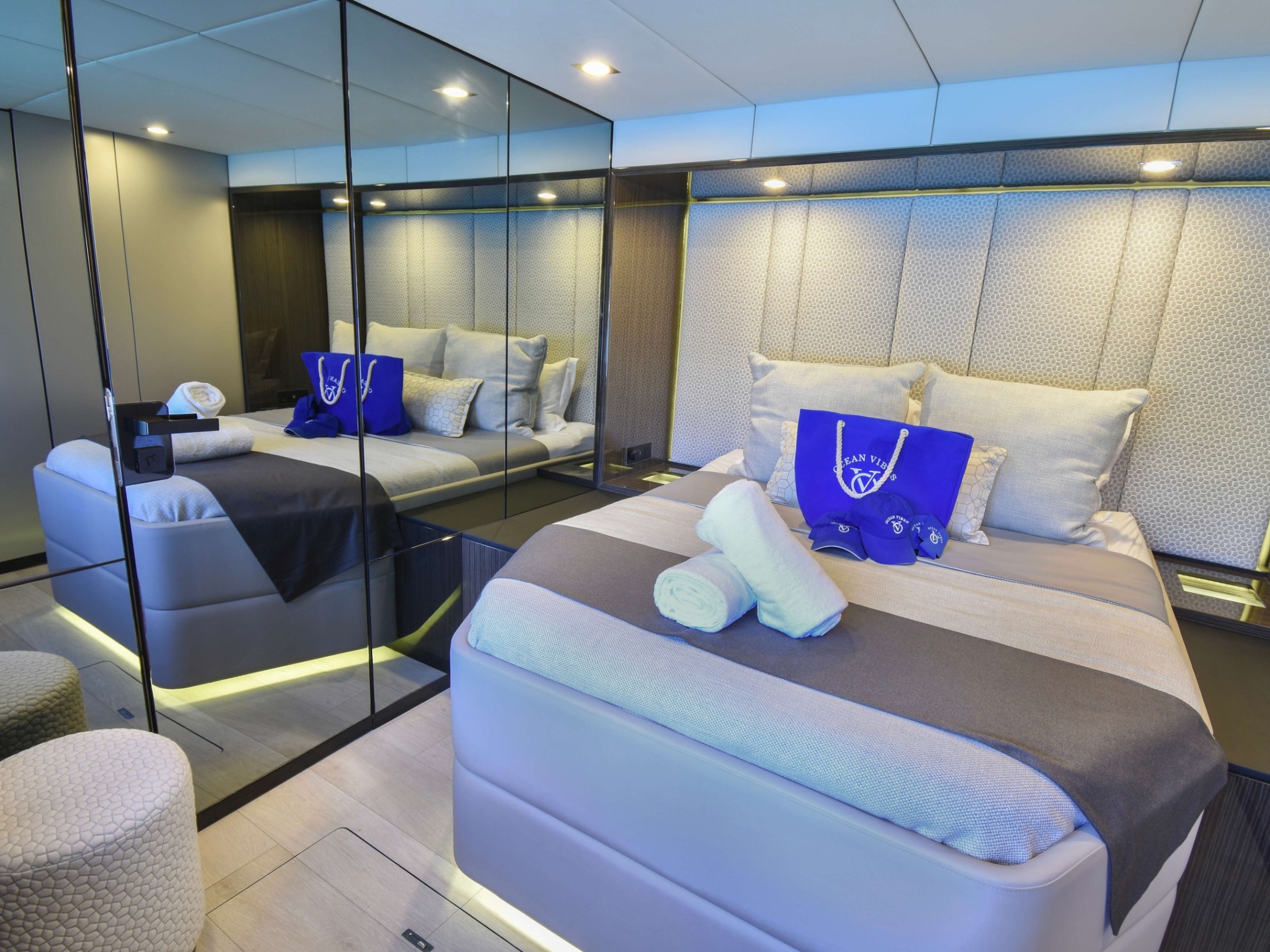 a bedroom with a blue background