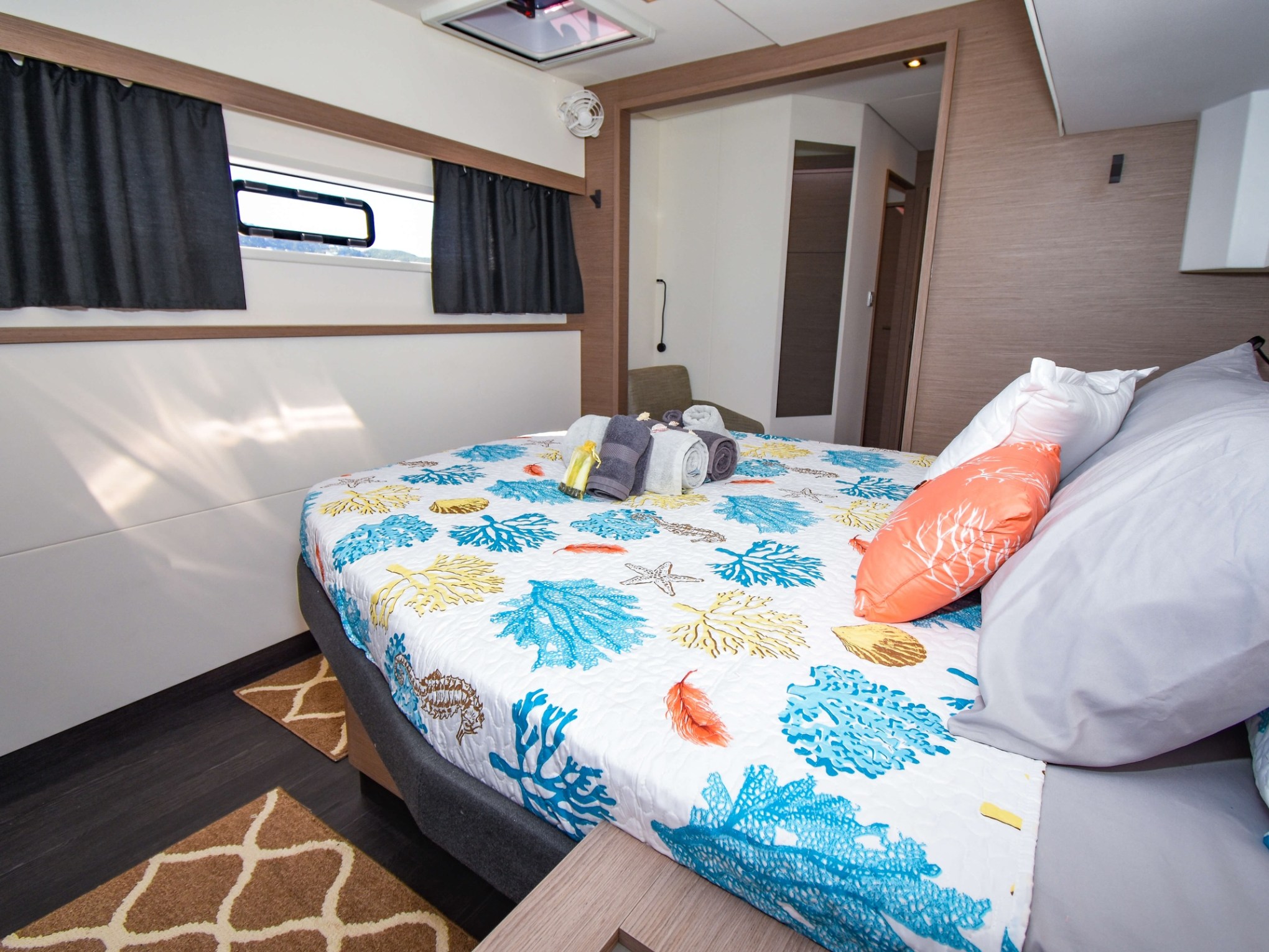 a made bed in a room