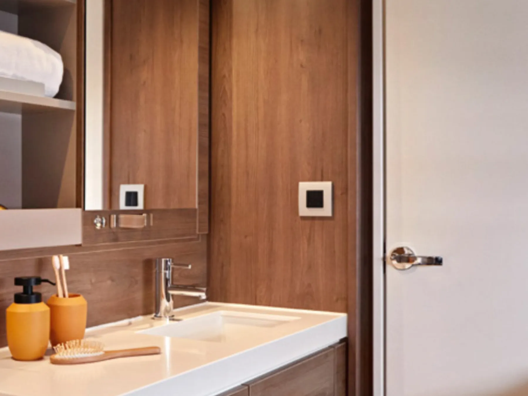 a double sink and large mirror