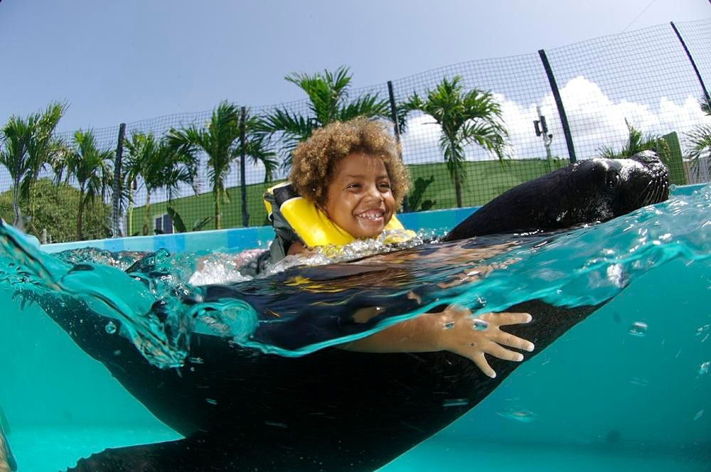 a young boy swimming in a pool of water