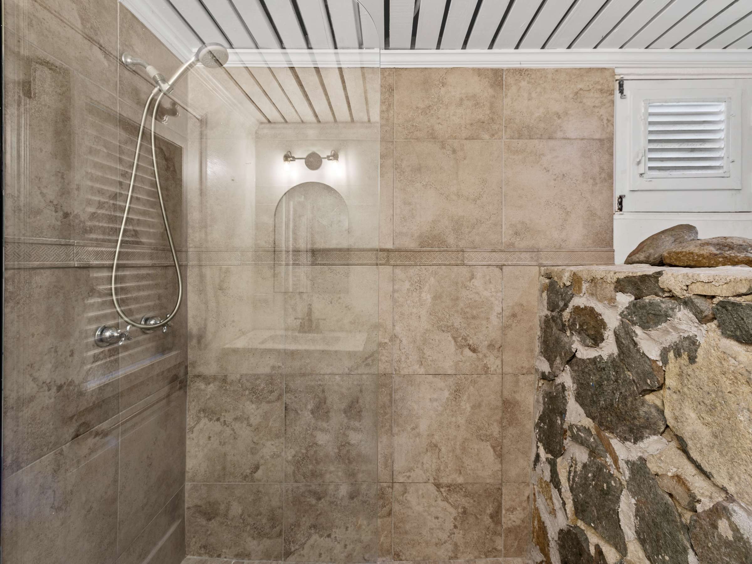 a close up of a stone building