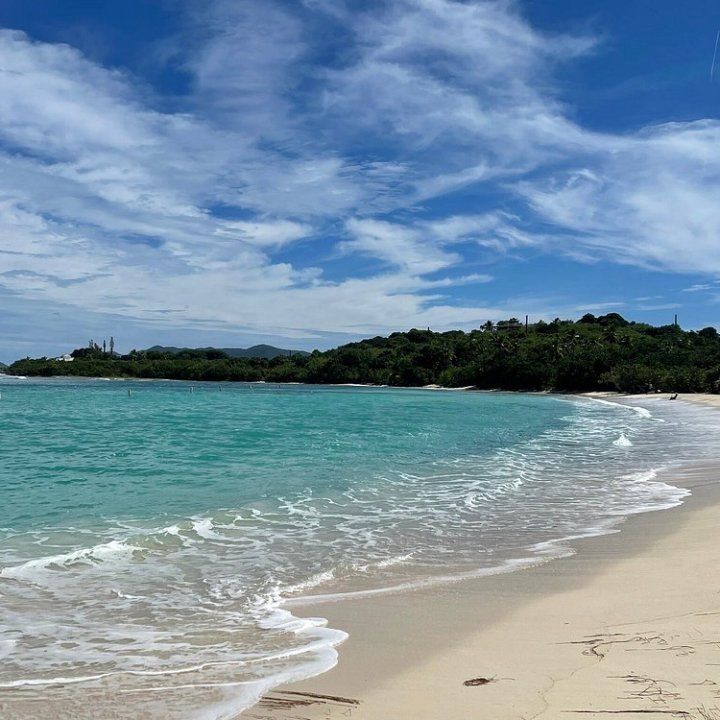 Tropical beach with turquoise water, clear sky, and lush greenery in the background.