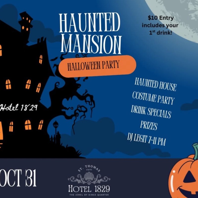 Halloween party flyer with haunted mansion, moon, pumpkin, and event details for Oct 31 at Hotel 1829.