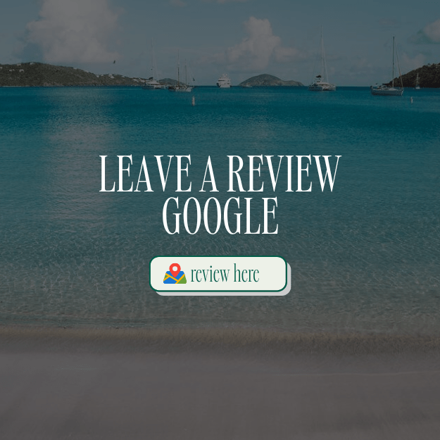 Tropical beach scene with 'Leave a Review Google' text and review button.