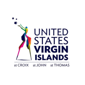 Colorful logo of United States Virgin Islands with a torch bearer silhouette.