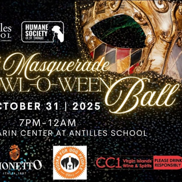 Flyer for Adult Masquerade Howl-O-Ween Ball, Oct 31, 2025, at Antilles School. $1,000 best costume prize.