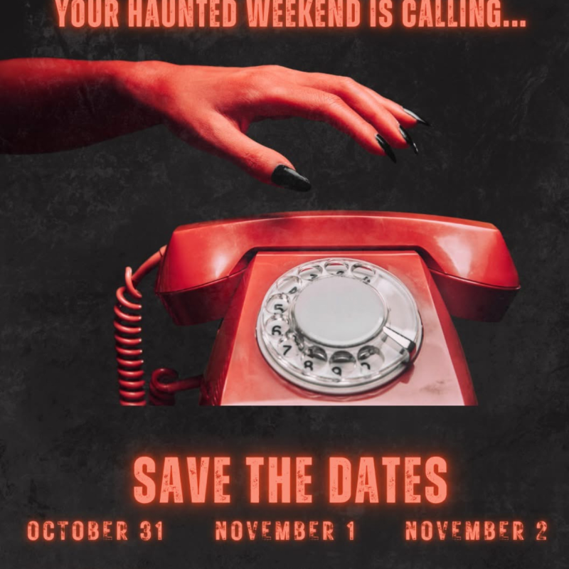 Red hand with black nails reaching for vintage phone, with Halloween event dates at XO Bistro.