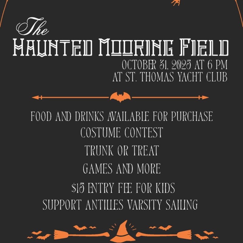 Halloween event poster with spider webs, bats, and text about 'The Haunted Mooring Field' at St. Thomas Yacht Club.