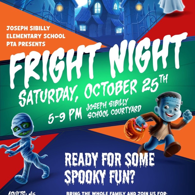 Fright Night poster with cartoon monsters, event details, and spooky activities listed.