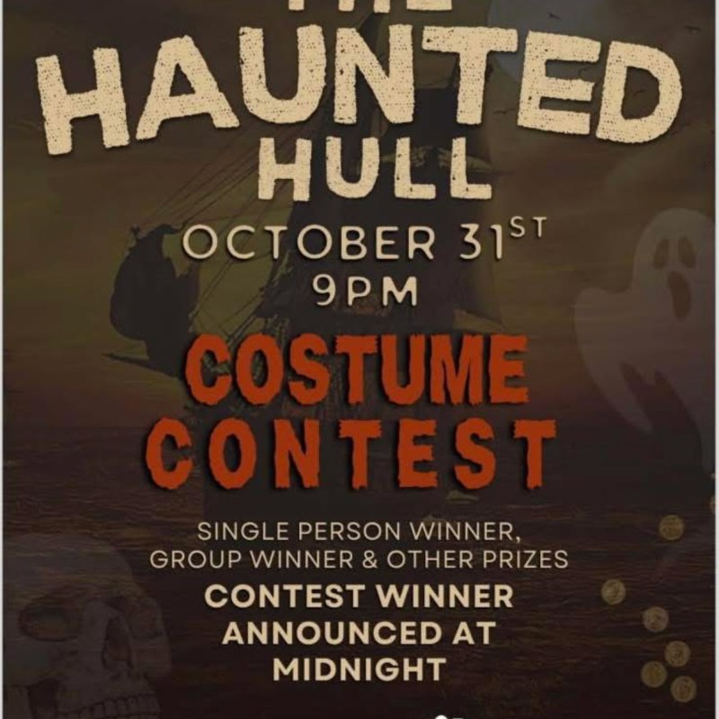 Halloween costume contest poster with skulls and ghost images, event on October 31st at 9 pm.