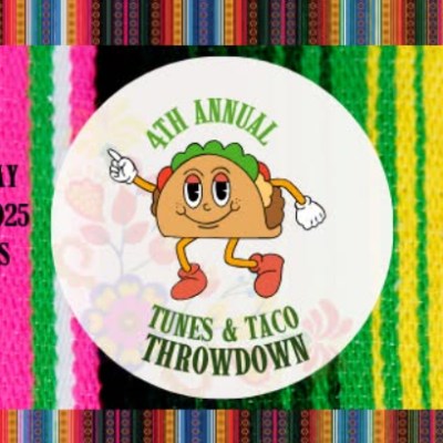 Cartoon taco character promoting a taco event on colorful striped background.
