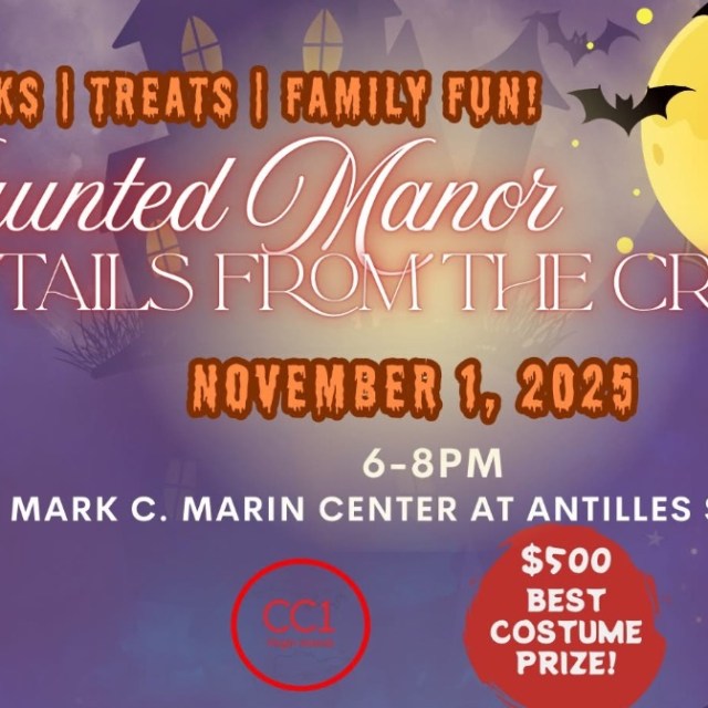 Halloween-themed event poster with dogs in costumes, November 1, 2025, 6-8 PM at Antilles School.
