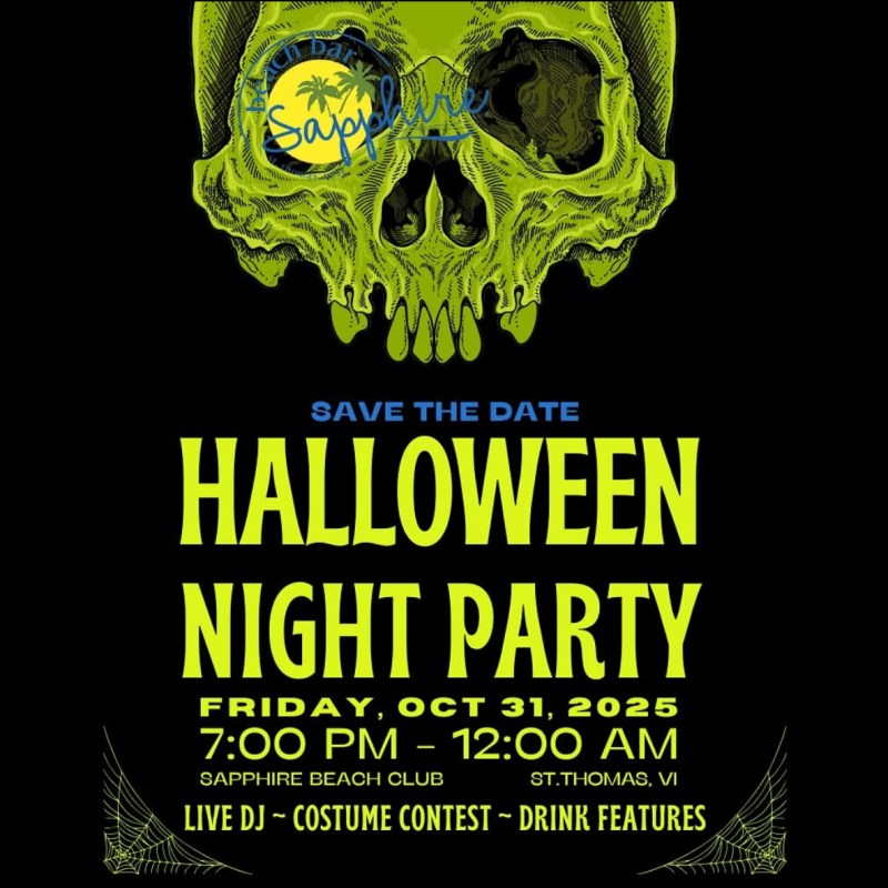 Halloween night party poster with green skull and event details.