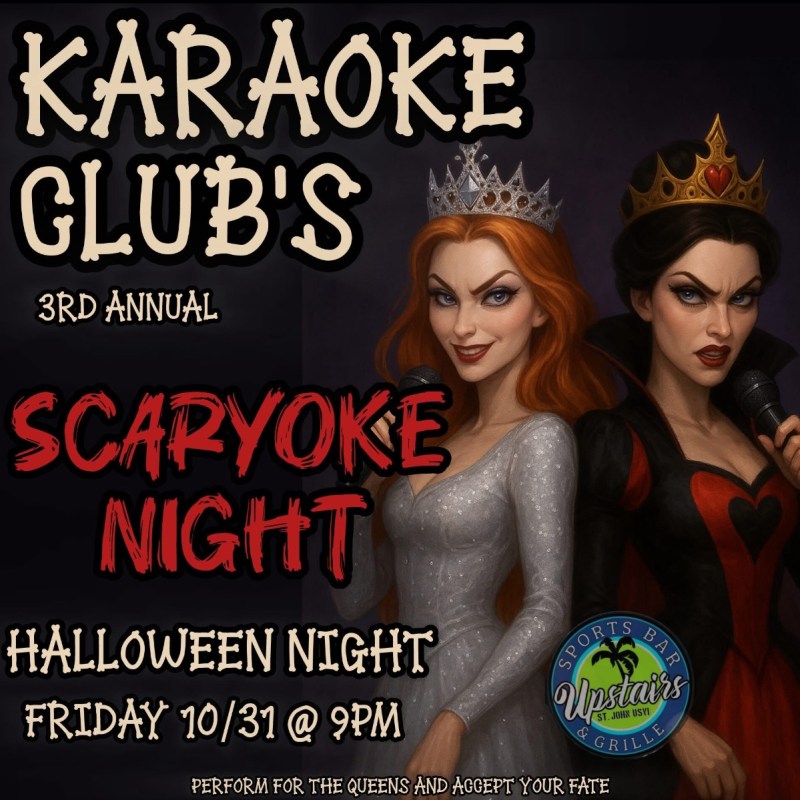 Two women with crowns hold microphones for a Scaryoke Night poster on Halloween at a karaoke club.