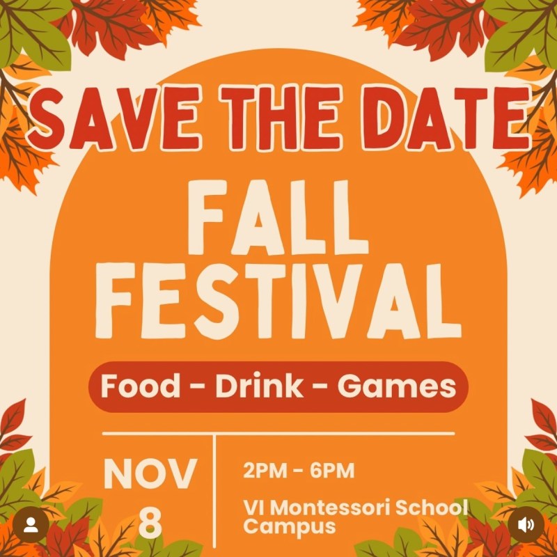 Fall Festival invitation with autumn leaves, November 8, 2PM-6PM, VI Montessori School Campus.