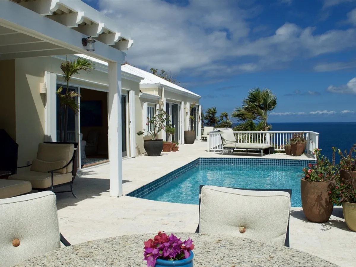 Luxury patio with pool, ocean view, lounge chairs, and potted plants under a partly cloudy sky.