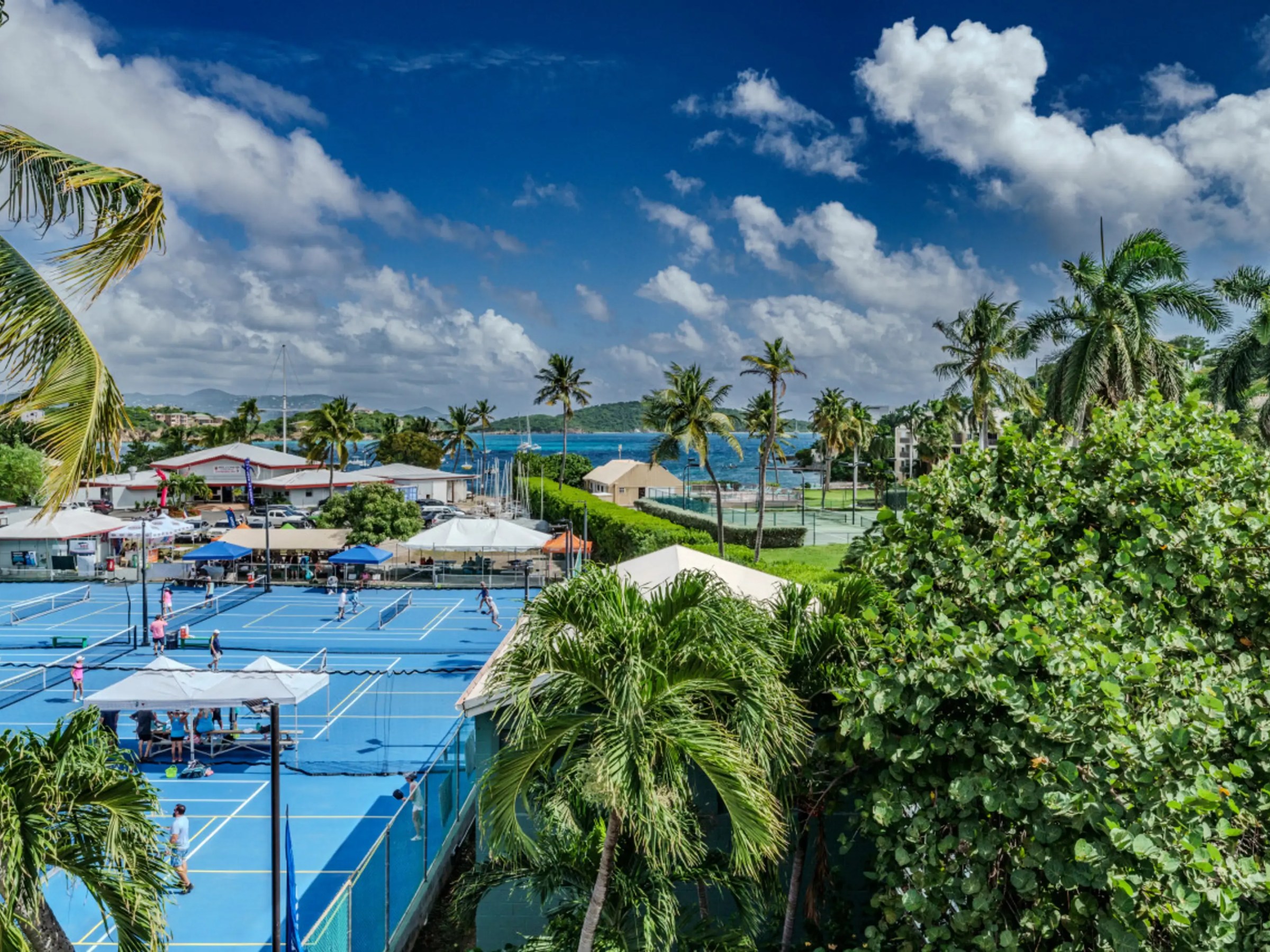 Outdoor tennis courts with players, surrounded by palm trees and ocean view under a clear blue sky.