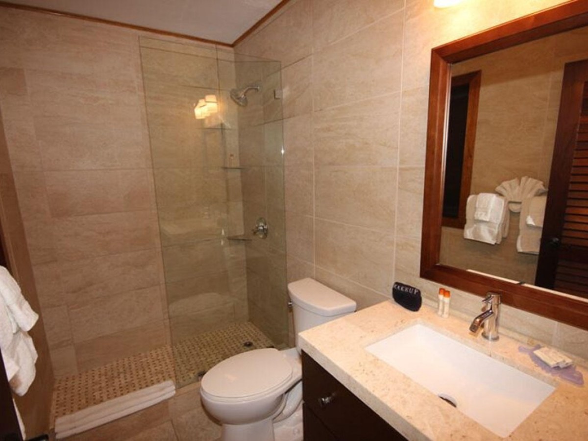 Modern bathroom with glass shower, toilet, and sink with mirror and wooden accents.