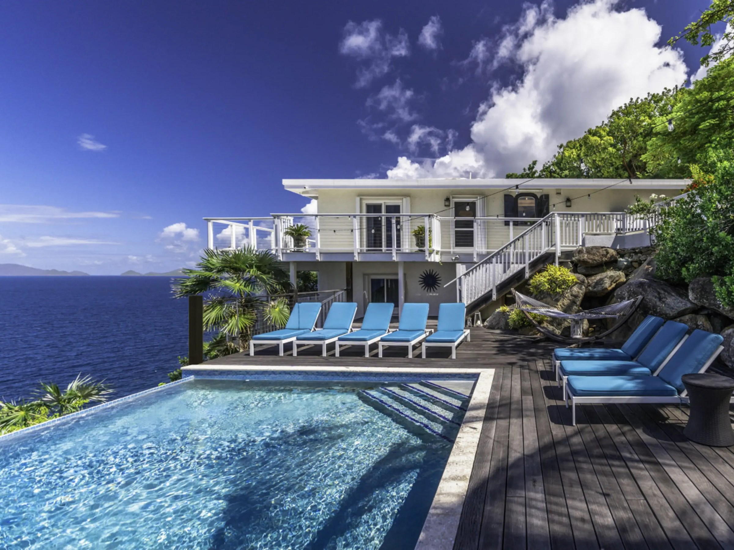Modern villa with pool overlooking the ocean, surrounded by lush greenery under a clear blue sky.