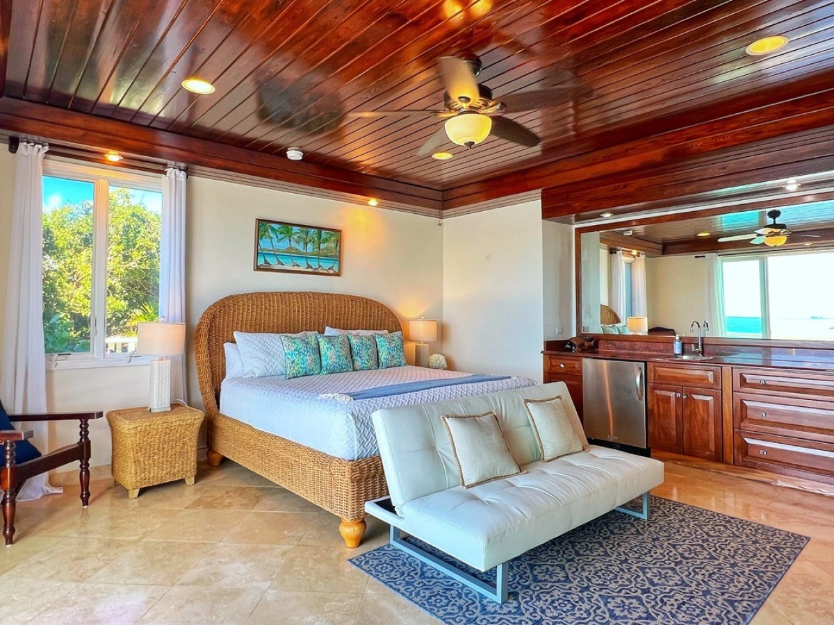 Spacious bedroom with a rattan bed, wooden ceiling, sofa, and large windows overlooking greenery.