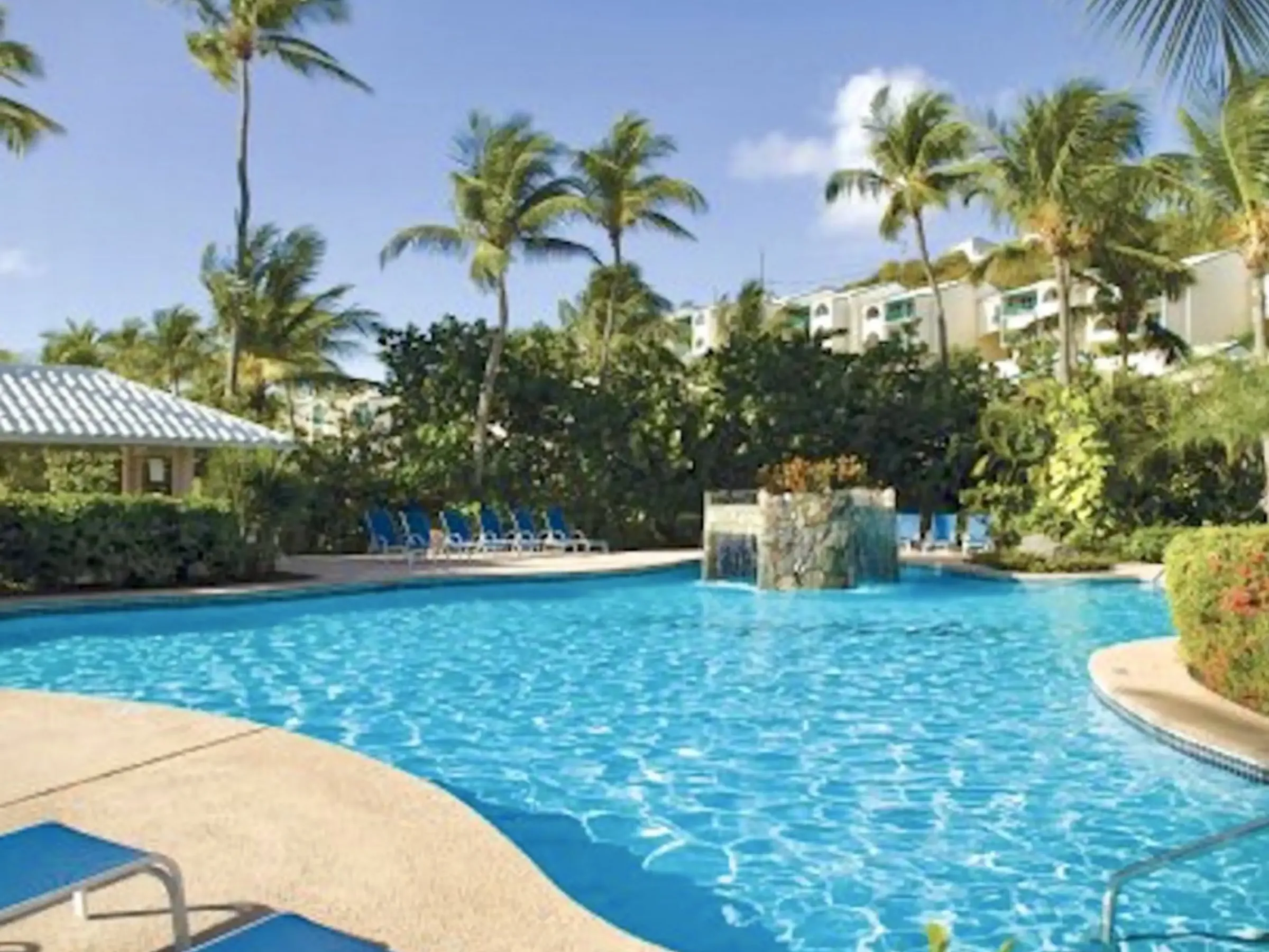 Tropical resort pool with palm trees, blue loungers, and a water feature under a clear sky.
