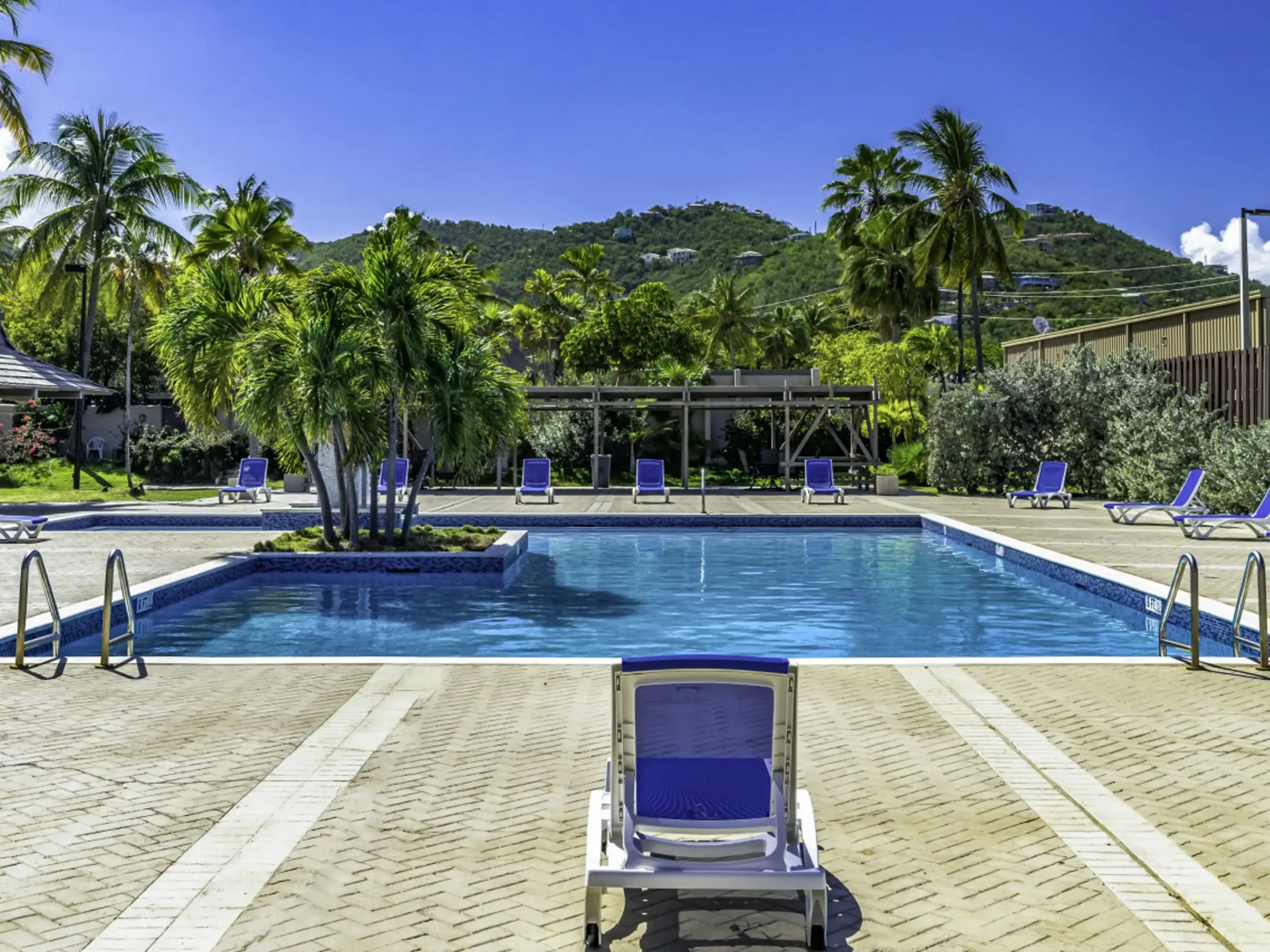 Outdoor pool with lounge chairs, palm trees, and hills in the background on a sunny day.