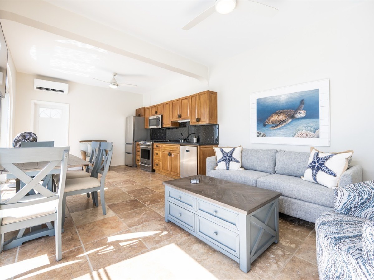 Bright living area with kitchen, dining table, sofa, and sea turtle artwork.