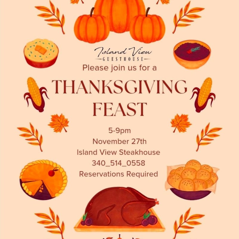 Thanksgiving feast invitation with pumpkins, roast turkey, corn, and pies.