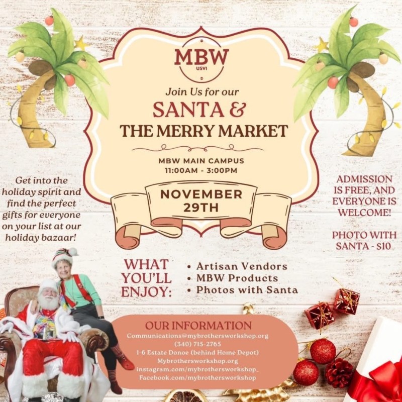Flyer for MBW's Santa & The Merry Market event on November 29th, featuring vendors, products, and photos with Santa.