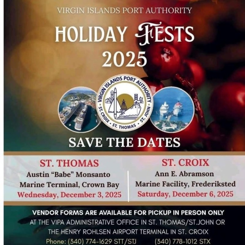 Holiday fest details for 2025 by Virgin Islands Port Authority with dates for St. Thomas and St. Croix.