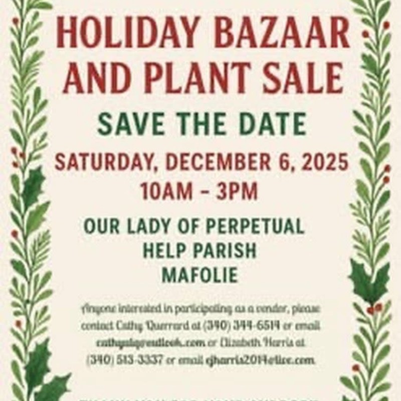 Holiday Bazaar and Plant Sale announcement with date and contact details, decorated with holly borders.