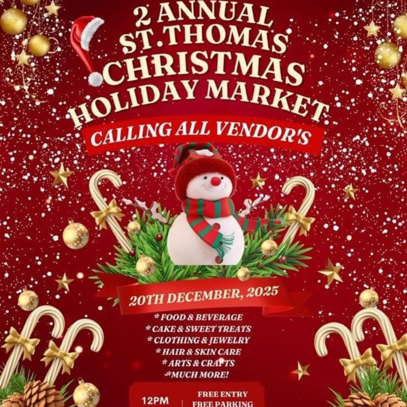 Christmas market poster with snowman, candy canes, pinecones, and event details on red festive background.