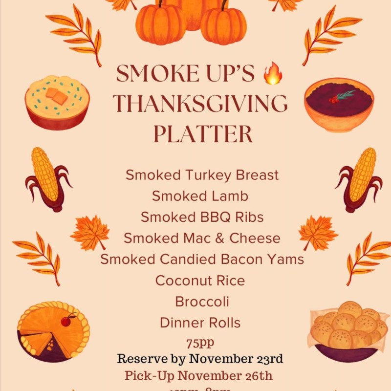 Thanksgiving Platter menu with pumpkins, corn, pies, and fall leaves, detailing pick-up info and contact.