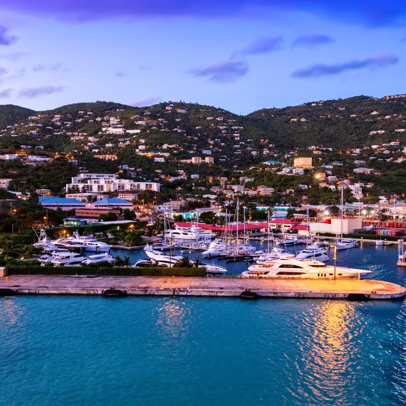Scenic view of a coastal town with hills, marina, and boats at twilight.