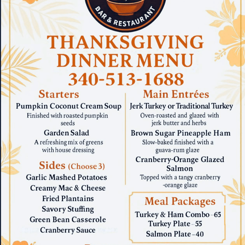 Thanksgiving menu with starters, sides, main entrées, desserts, and meal packages from Irie Vybz Bar & Restaurant.