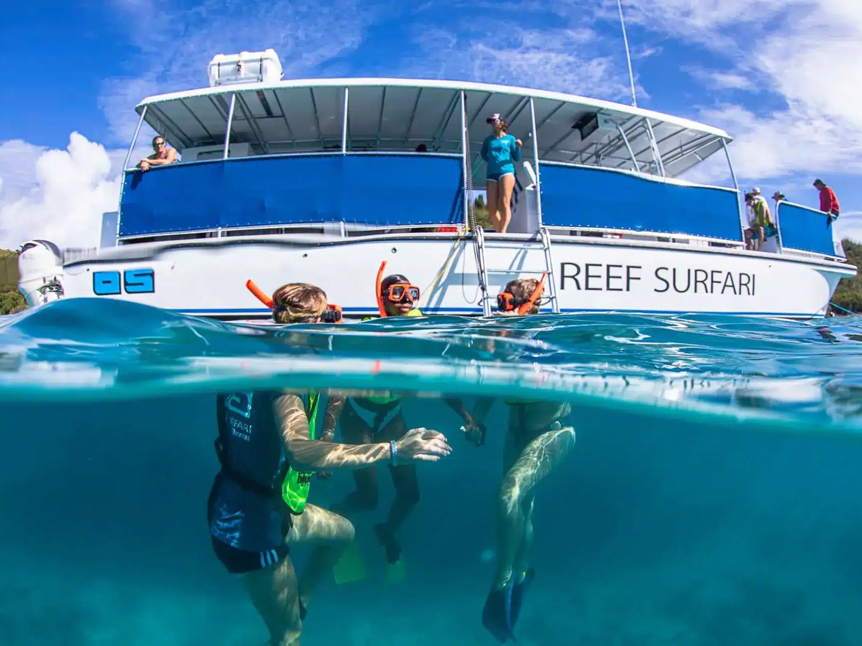 People snorkeling near a boat with 'Reef Surfari' written on the side, partly above and below water view.